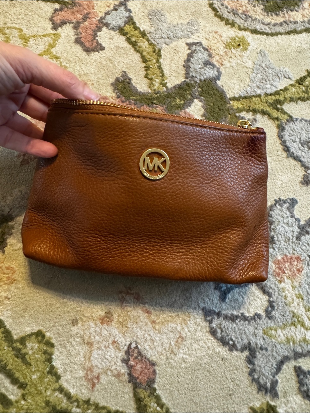 Michael Kors Brown Leather Cosmetic Pouch with Gold Logo